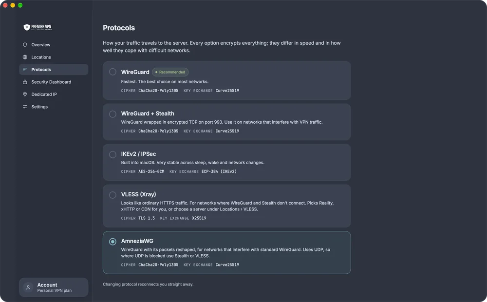 The Protocols screen in PremierVPN for Mac