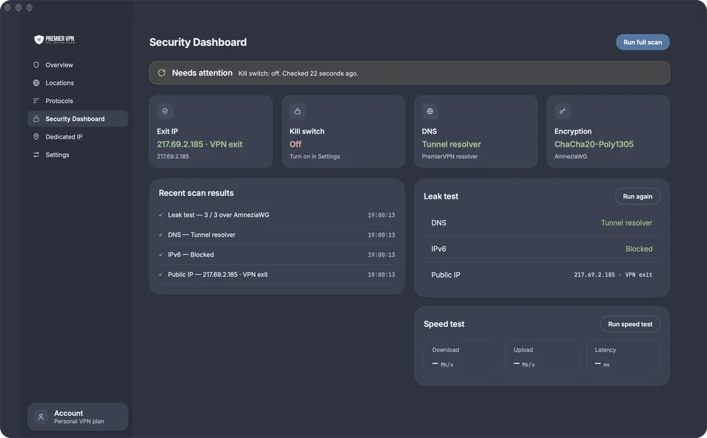 The Security Dashboard in PremierVPN for Mac